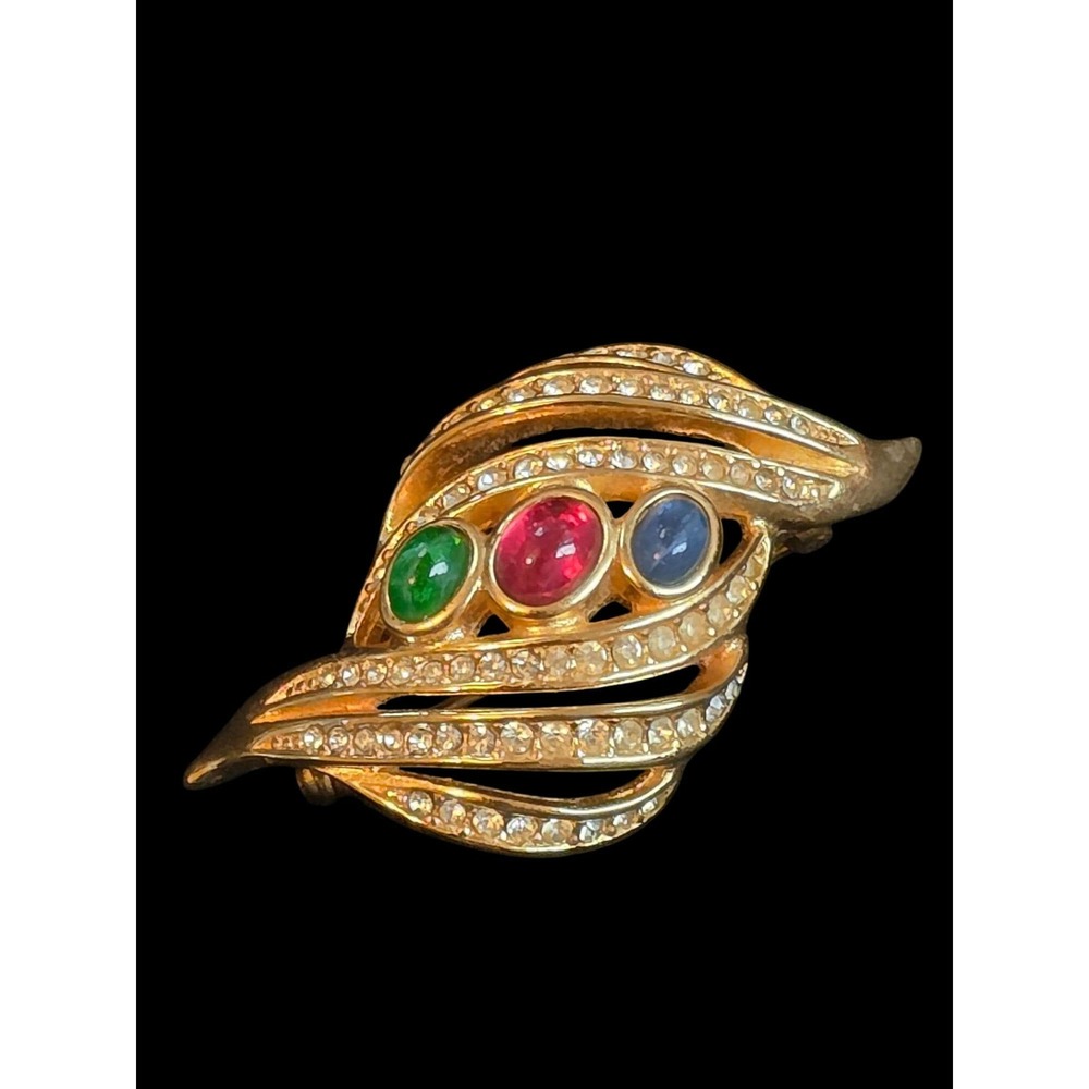 Christian Dior Vintage Gold Tone Cabochon Gripoix Glass Pave Crystals Pin Brooch